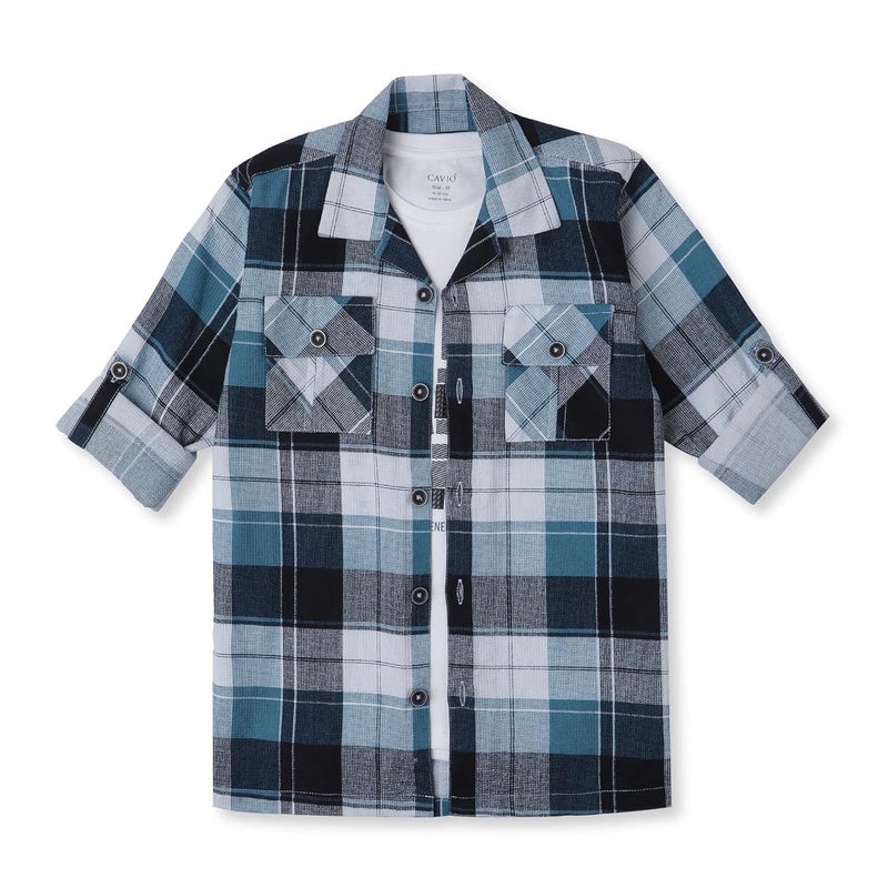 CAVIO Boys Cotton Checks Full Sleeves Shackets Shirt and T-Shirt - Image 4